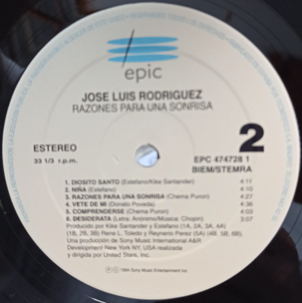 José Luis Rodríguez - Razones Para Una Sonrisa | Epic (EPC 474728 1) - 4