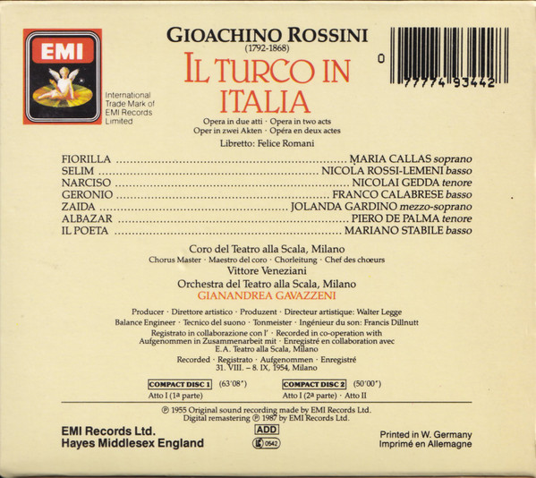 Gioacchino Rossini - Maria Callas , Nicola Rossi-Lemeni , Nicolai Gedda , Mariano Stabile , Orchestra Del Teatro Alla Scala E Coro Del Teatro Alla Scala , Gianandrea Gavazzeni - Il Turco In Italia | EMI (CDS 7 49344 2) - main