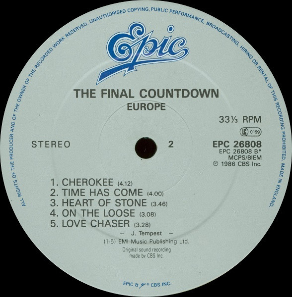 Europe - The Final Countdown | Epic (EPC 26808) - 4