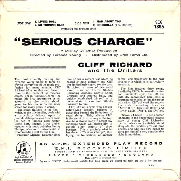 Cliff Richard & The Drifters - Serious Charge | Columbia (SEG 7895) - 2 Cliff Richard & The Drifters - Serious Charge | Columbia (SEG 7895) - 2