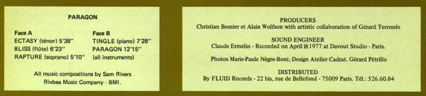 Sam Rivers - Paragon | Fluid Records (Fluid-101) - 2