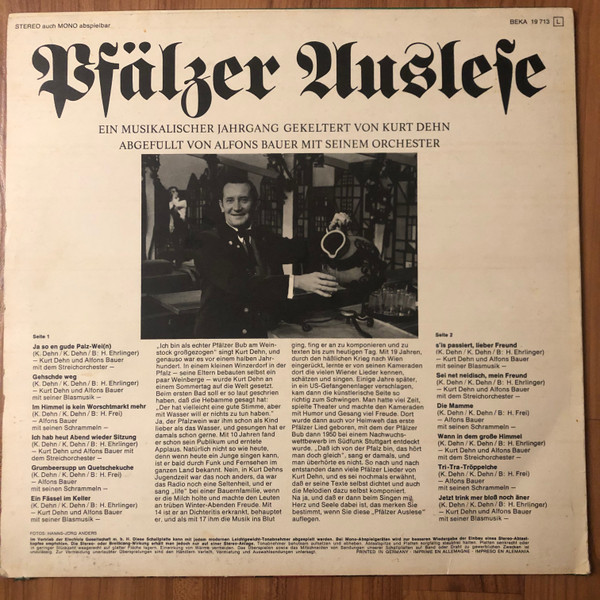 Kurt Dehn , Alfons Bauer Mit Seinem Orchester - Pfälzer Auslese | Beka (BEKA 19 713) - 2 Kurt Dehn , Alfons Bauer Mit Seinem Orchester - Pfälzer Auslese | Beka (BEKA 19 713) - 2