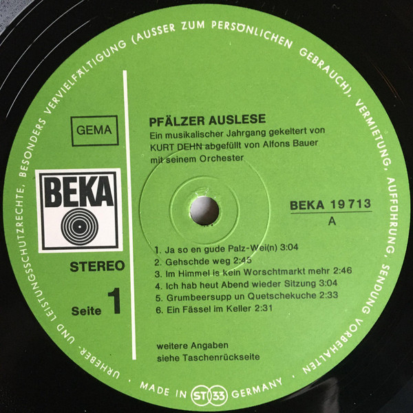 Kurt Dehn , Alfons Bauer Mit Seinem Orchester - Pfälzer Auslese | Beka (BEKA 19 713) - 3 Kurt Dehn , Alfons Bauer Mit Seinem Orchester - Pfälzer Auslese | Beka (BEKA 19 713) - 3