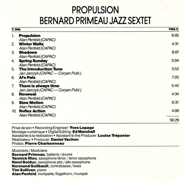 Bernard Primeau Jazz Sextet - Propulsion | CBC Records (JZCD116) - 3 Bernard Primeau Jazz Sextet - Propulsion | CBC Records (JZCD116) - 3