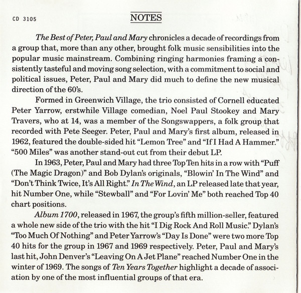 Peter, Paul & Mary - The Best Of Peter, Paul And Mary / Ten Years Together | Warner Bros. Records (CD-3105) - 2