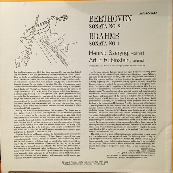 Arthur Rubinstein and Henryk Szeryng ; Ludwig Van Beethoven , Johannes Brahms - Violin Sonatas | RCA Victor Red Seal (LSC-2620) - 2