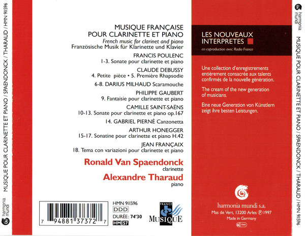 Ronald Van Spaendonck , Alexandre Tharaud - Musique Française Pour Clarinette Et Piano | Harmonia Mundi s.a. (HMN 911596) - 2