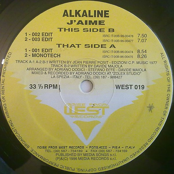 Alkaline - J'Aime | Noise From West Records (WEST 019) - main