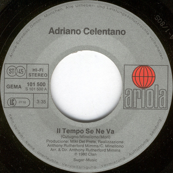 Adriano Celentano - Il Tempo Se Ne Va | Ariola (101 500) - 3