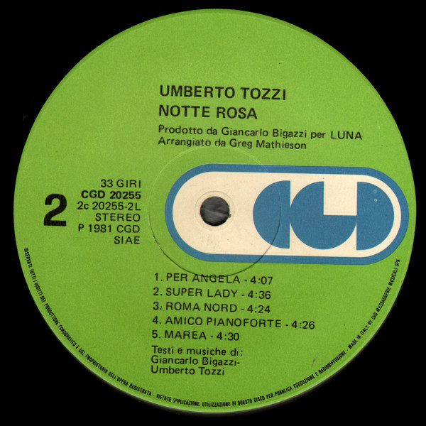 Umberto Tozzi - Notte Rosa | CGD (CGD 20255) - 3 Umberto Tozzi - Notte Rosa | CGD (CGD 20255) - 3