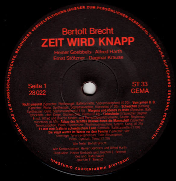 Heiner Goebbels / Alfred Harth mit Dagmar Krause & Ernst Stötzner - Bertolt Brecht: Zeit Wird Knapp | Tonstudio Zuckerfabrik (28022) - 3