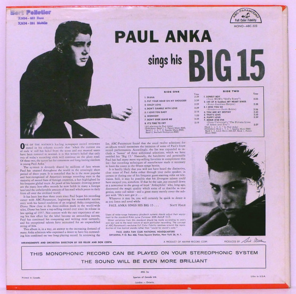 Paul Anka - Paul Anka Sings His Big 15 [Vinyl] | Sparton (ABC 323) - 2
