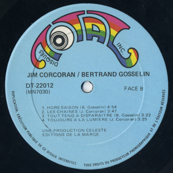 Jim Corcoran & Bertrand Gosselin - Jim Corcoran & Bertrand Gosselin [Vinyl] | Disques Total (DT-22012) - 3