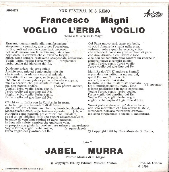 Francesco Magni - Voglio L'Erba Voglio | Ariston Records (AR/00879) - 2