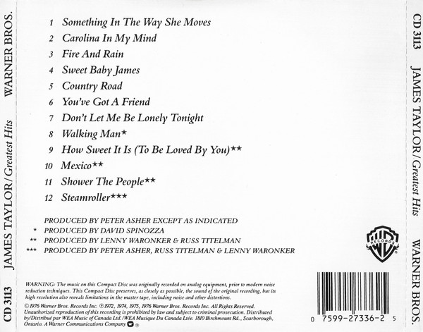 James Taylor - Greatest Hits | Warner Bros. Records (CD 3113) - 2 James Taylor - Greatest Hits | Warner Bros. Records (CD 3113) - 2