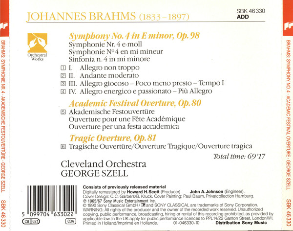 Johannes Brahms - The Cleveland Orchestra • George Szell - Symphony No. 4 • Academic Festival Overture = Ouverture Pour Une Fête Académique • Tragic Overture | Sony Classical (SBK 46330) - 2