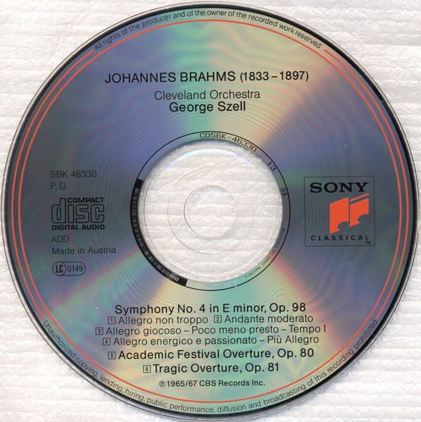 Johannes Brahms - The Cleveland Orchestra • George Szell - Symphony No. 4 • Academic Festival Overture = Ouverture Pour Une Fête Académique • Tragic Overture | Sony Classical (SBK 46330) - 3