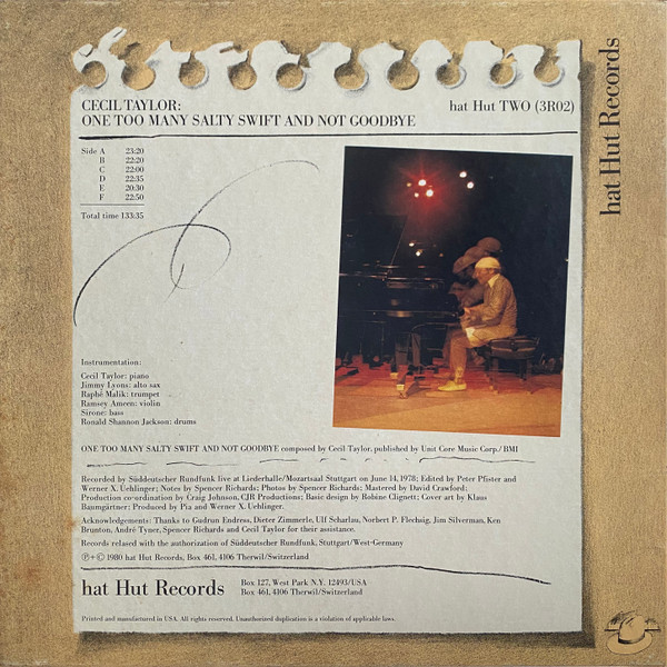 Cecil Taylor - One Too Many Salty Swift And Not Goodbye | Hat Hut Records (hat Hut TWO (3R02)) - 2