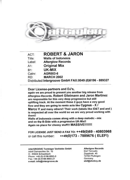 Robert Gitelman & Jaron Martinez - Walls Of Indonesia | Afterglow Records (AGR003-6) - main