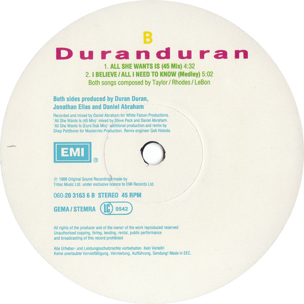 Duran Duran - All She Wants Is (Euro Dub Mix) | EMI (K 060-20 3163-6) - 4