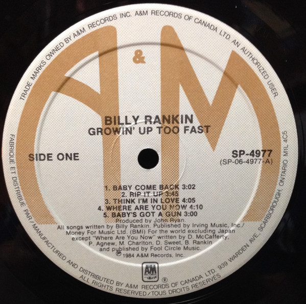 Billy Rankin - Growin' Up Too Fast | A&M Records (SP-4977) - 3