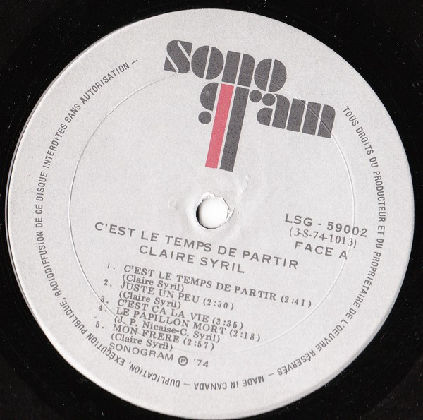 Claire Syril - C'est Le Temps De Partir | Sonogram (LSG-59002) - 3