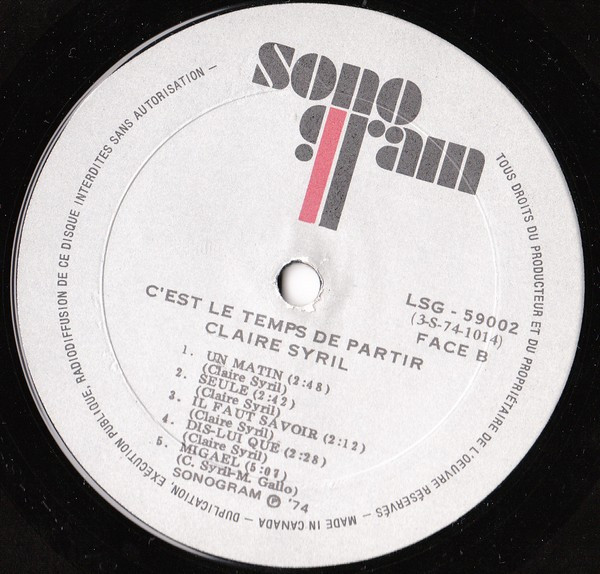 Claire Syril - C'est Le Temps De Partir | Sonogram (LSG-59002) - 4