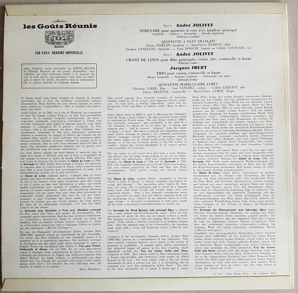 André Jolivet / Jacques Ibert - Quintette À Vent Français , Quintette Marie-Claire Jamet - Serenade / Chant De Linois | Erato (EGR 4004) - 2 André Jolivet / Jacques Ibert - Quintette À Vent Français , Quintette Marie-Claire Jamet - Serenade / Chant De Linois | Erato (EGR 4004) - 2