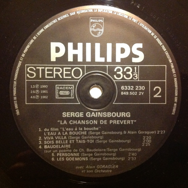Serge Gainsbourg - La Chanson De Prévert | Philips (6332 230) - 4 Serge Gainsbourg - La Chanson De Prévert | Philips (6332 230) - 4