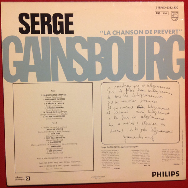 Serge Gainsbourg - La Chanson De Prévert | Philips (6332 230) - 2 Serge Gainsbourg - La Chanson De Prévert | Philips (6332 230) - 2