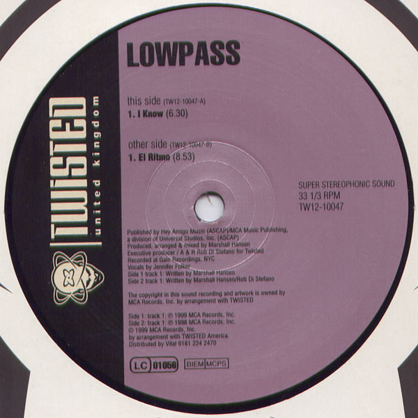 Lowpass - I Know / El Ritmo | Twisted United Kingdom (TW12-10047) - 2