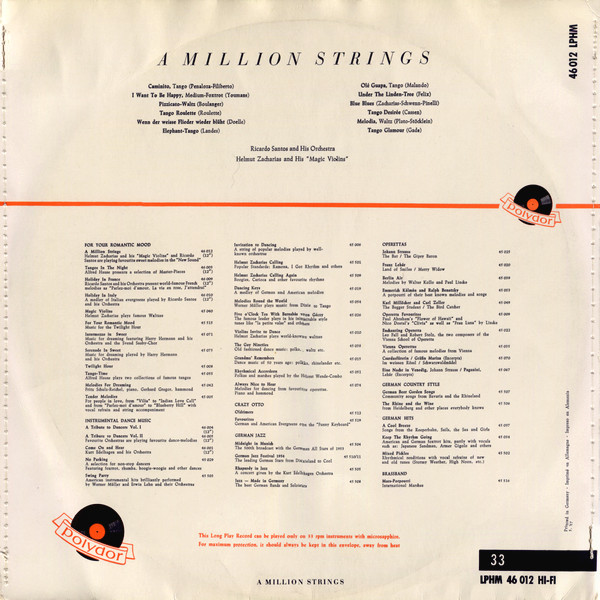 Ricardo Santos And His Orchestra , Helmut Zacharias Und Seine Verzauberten Geigen - A Million Strings | Polydor (46012 LPHM) - 2