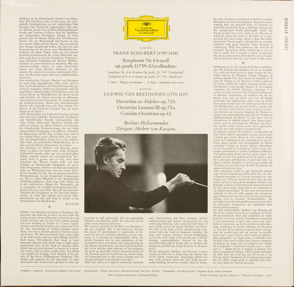 Franz Schubert / Ludwig van Beethoven : Berliner Philharmoniker · Herbert von Karajan - Symphonie Nr. 8 »Unvollendete« / Fidelio · Leonore III · Coriolan (Ouvertüren) | Deutsche Grammophon (139 001 SLPM) - 2