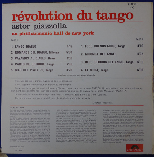 Astor Piazzolla Y Su Quinteto - Révolution Du Tango - Astor Piazzolla Au Philharmonic Hall De New York | Polydor (2480 161) - 2 Astor Piazzolla Y Su Quinteto - Révolution Du Tango - Astor Piazzolla Au Philharmonic Hall De New York | Polydor (2480 161) - 2