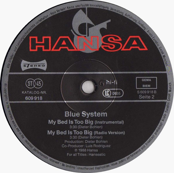 Blue System - My Bed Is Too Big | Hansa (609 918) - 4