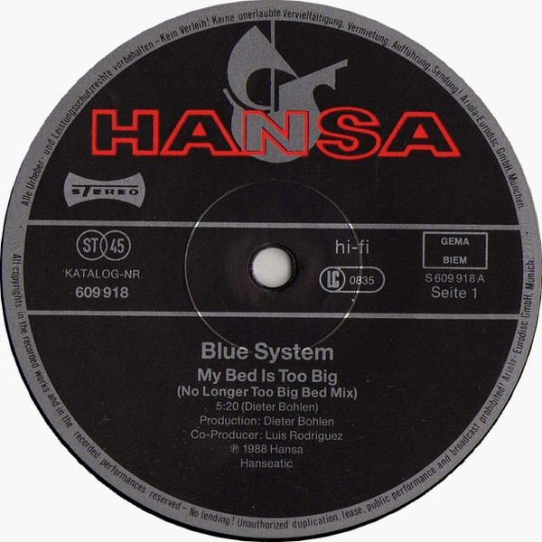 Blue System - My Bed Is Too Big | Hansa (609 918) - 3