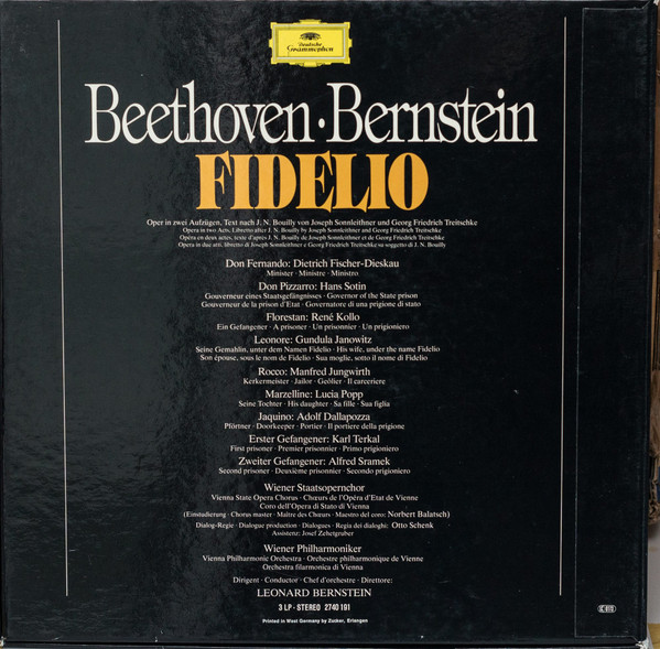 Ludwig van Beethoven - Leonard Bernstein - Wiener Staatsopernchor - Wiener Philharmoniker , Gundula Janowitz , Lucia Popp , René Kollo , Hans Sotin , Dietrich Fischer-Dieskau , Manfred Jungwirth , Adolf Dallapozza - Fidelio | Deutsche Grammophon (2740 191) - main