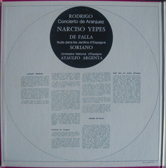 Joaquín Rodrigo – Narciso Yepes guitare / Manuel De Falla - Gonzalo Soriano piano — Orquesta Nacional De España : dir. Ataúlfo Argenta - Concierto De Aranjuez / Nuits Dans Les Jardins D'Espagne | Decca (7.040 A (SXL 2.091)) - 2