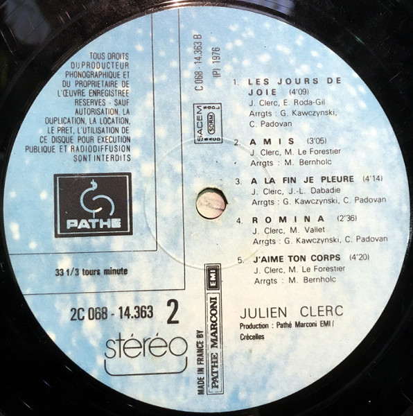 Julien Clerc - À Mon Âge Et À L'heure Qu'il Est | Pathé (2C 068 - 14363) - 4