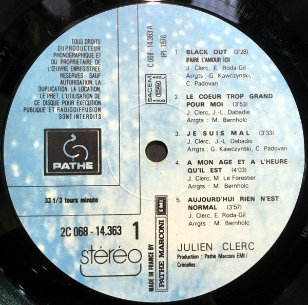 Julien Clerc - À Mon Âge Et À L'heure Qu'il Est | Pathé (2C 068 - 14363) - 3