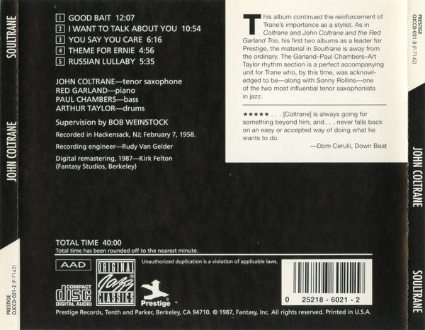 John Coltrane - Soultrane CD | Original Jazz Classics (OJCCD-021-2) - 2