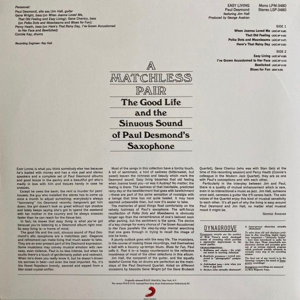 Paul Desmond Featuring Jim Hall - Easy Living | Speakers Corner Records (LSP-3480) - 3