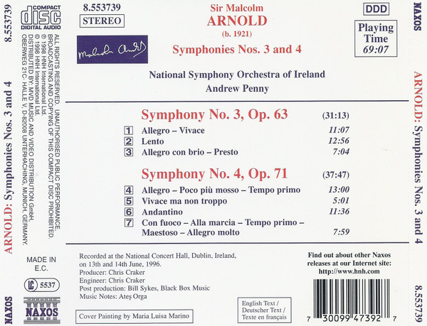 Malcolm Arnold , National Symphony Orchestra Of Ireland , Andrew Penny - Symphonies Nos. 3 And 4 | Naxos (8.553739) - 2