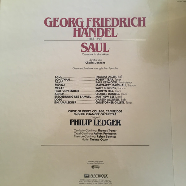 Georg Friedrich Händel - English Chamber Orchestra , Philip Ledger , The King's College Choir Of Cambridge , Thomas Allen , Robert Tear , Margaret Marshall , Paul Esswood , Sally Burgess - Saul | His Master's Voice (1C 157-43 036/38) - 2