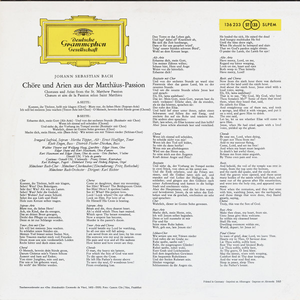 Johann Sebastian Bach : Irmgard Seefried , Hertha Töpper , Ernst Haefliger , Kieth Engen , Dietrich Fischer-Dieskau , Dirigent: Karl Richter - Matthäus-Passion, Chöre Und Arien | Deutsche Grammophon (136 233 SLPEM) - 2 Johann Sebastian Bach : Irmgard Seefried , Hertha Töpper , Ernst Haefliger , Kieth Engen , Dietrich Fischer-Dieskau , Dirigent: Karl Richter - Matthäus-Passion, Chöre Und Arien | Deutsche Grammophon (136 233 SLPEM) - 2