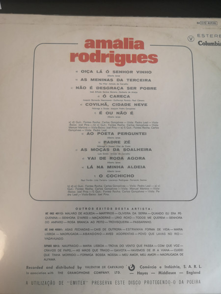 Amália Rodrigues - Oiça Lá Ó Senhor Vinho | Columbia (8E 072 40138) - 2