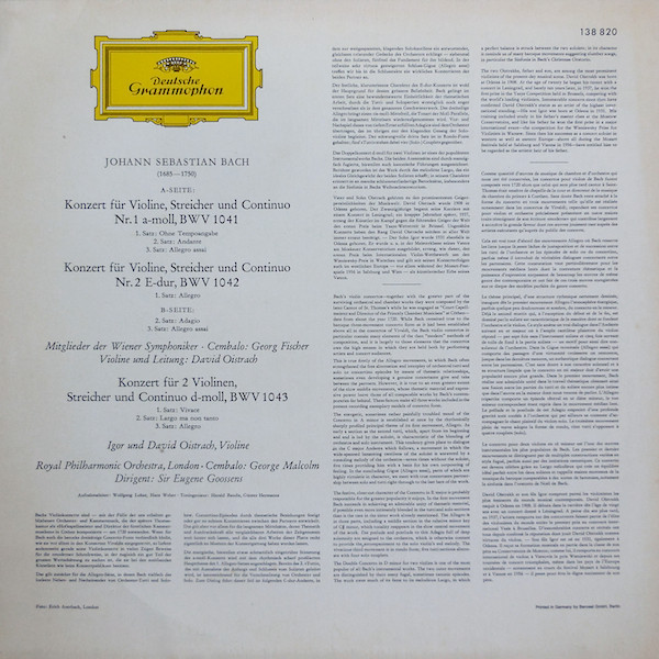 Johann Sebastian Bach / David Oistrach Und Igor Oistrach - Violinkonzerte In A-moll Und E-dur / Konzert Für Zwei Violinen In D-moll | Deutsche Grammophon (138 820)