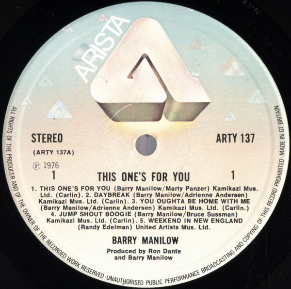 Barry Manilow - This One's For You | Arista (ARTY 137) - 3