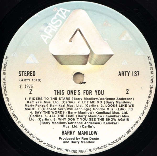 Barry Manilow - This One's For You | Arista (ARTY 137) - 4
