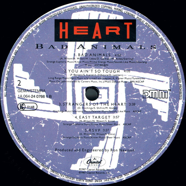 Heart - Bad Animals | Capitol Records (24 0766 1) - 4 Heart - Bad Animals | Capitol Records (24 0766 1) - 4